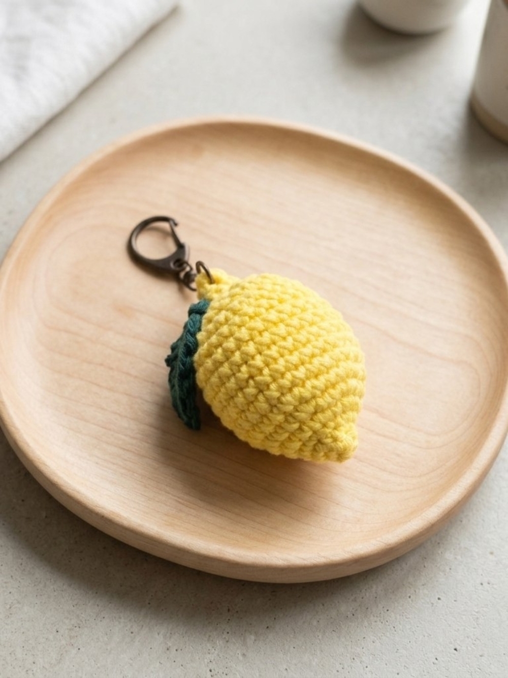 🍋Yellow Crochet Lemon Bag Charm with Green Leaf